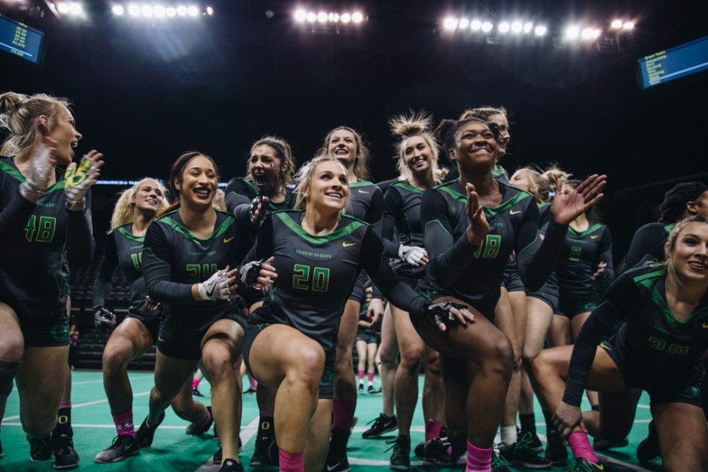 Oregon acrobatics and tumbling takes first home meet in win against Hawaii Pacific