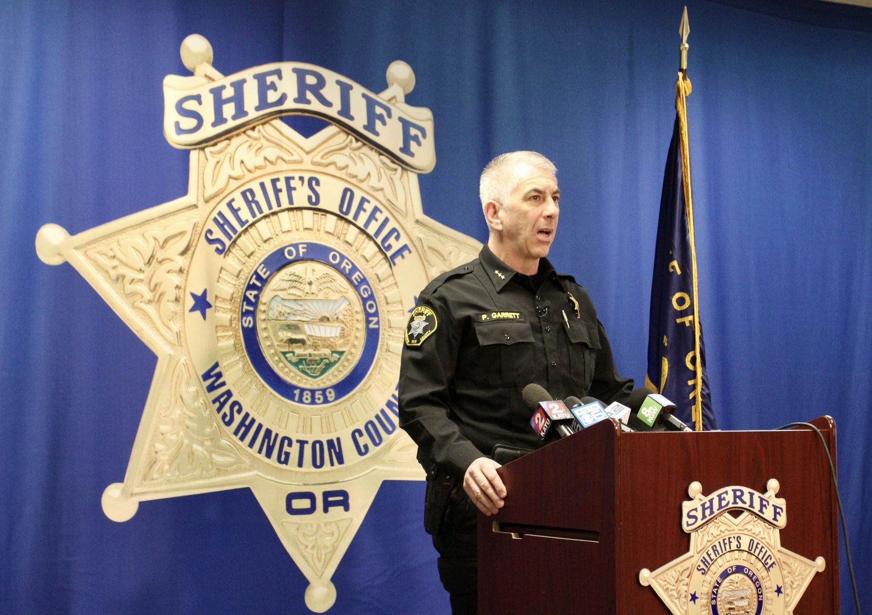 Washington County Sheriff Pat Garrett called for a moment of silence during a press conference on Wednesday, April 27, 2022.