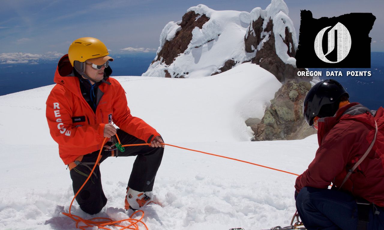 A mountain rescue crew in bright clothing lowers a colleague using a rope, against a snowy backdrop on Mount Hood.