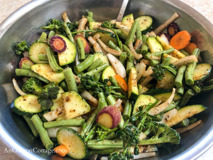 August garden veggies for grilling in a bowl