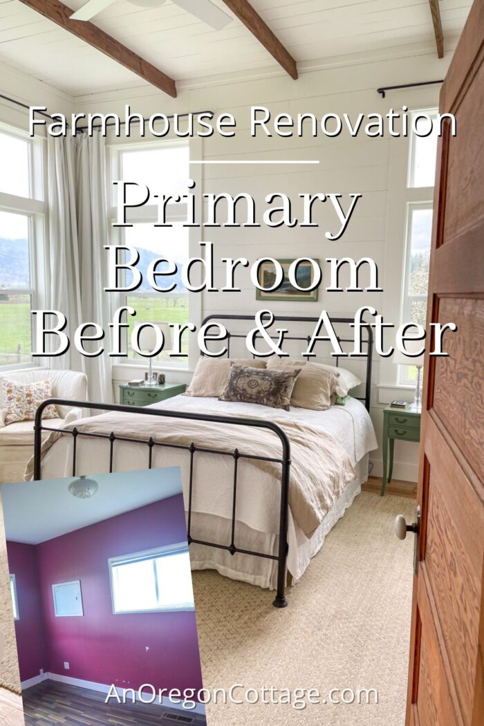 farmhouse primary bedroom before-after-looking through door