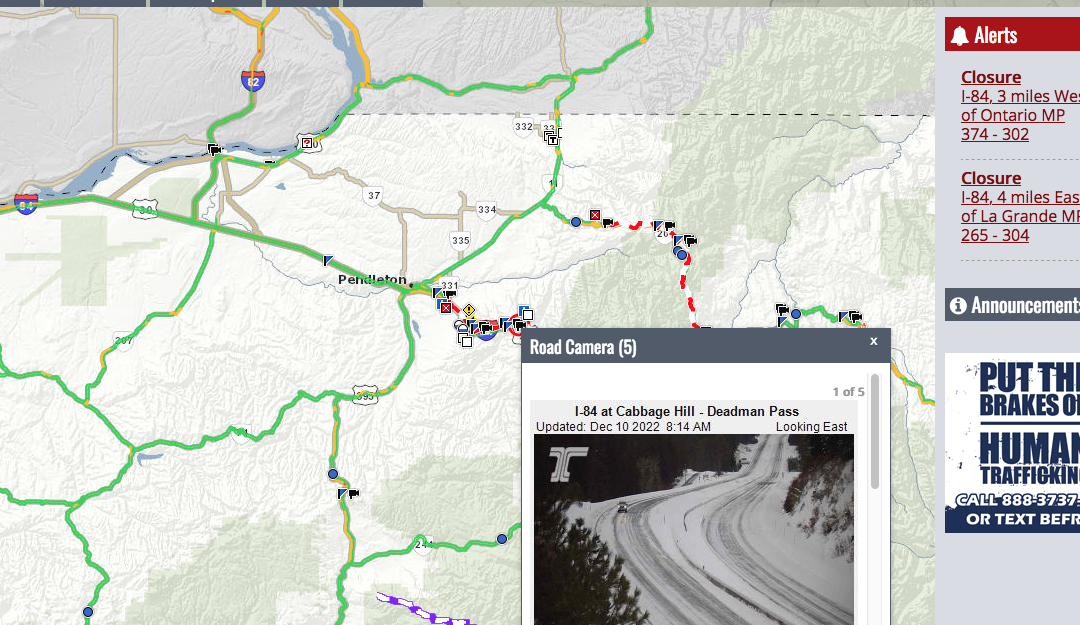 Winter weather conditions shut down Interstate 84 in Eastern Oregon
