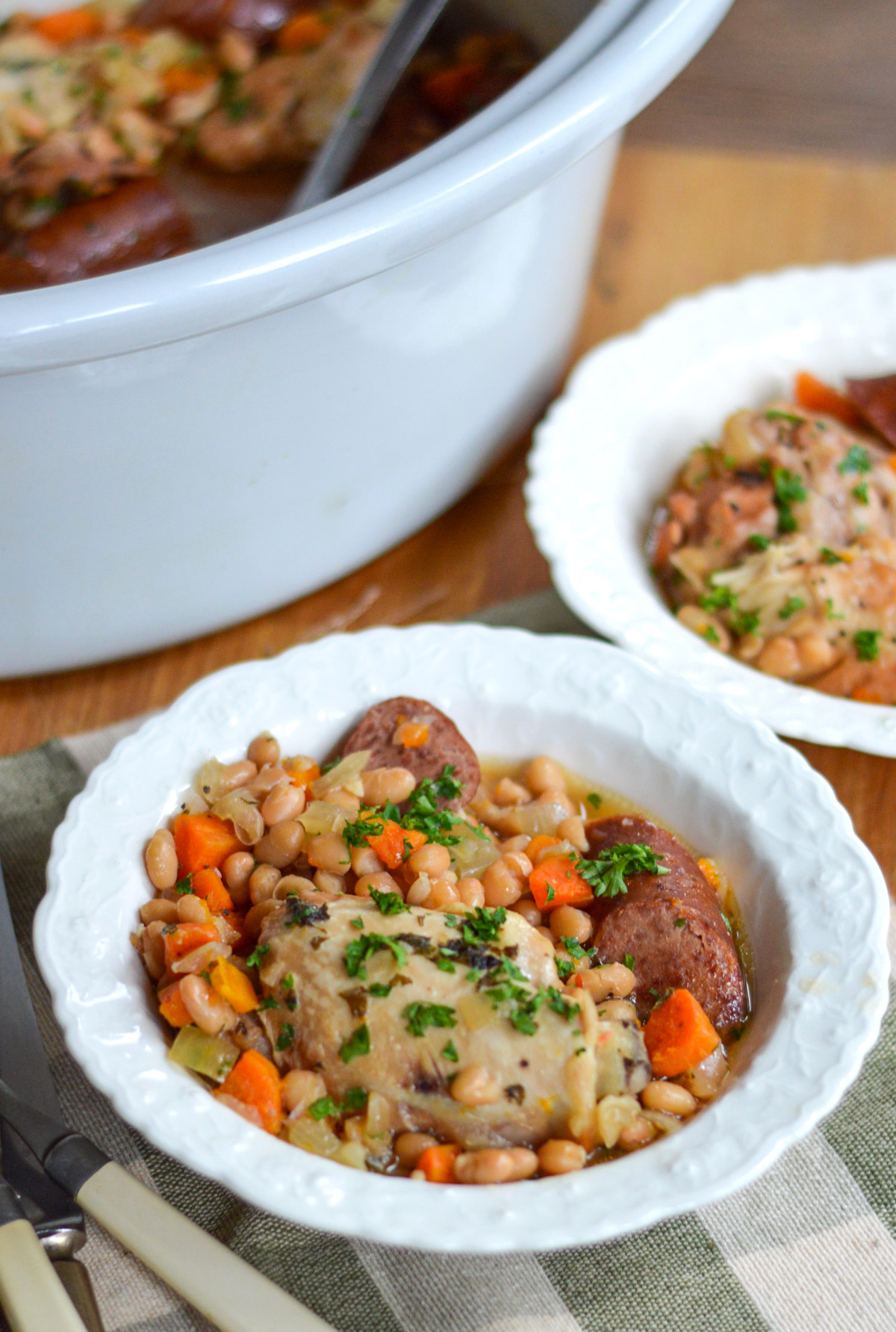 chicken sausage cassoulet in bowls with slow cooker