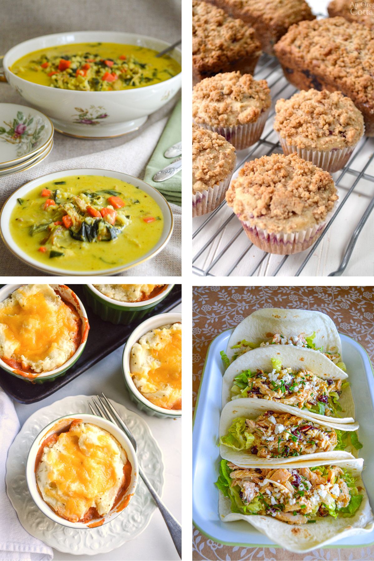 four dishes made from Thanksgiving leftovers-soup, muffins, shepherd's pie, and turkey salad.