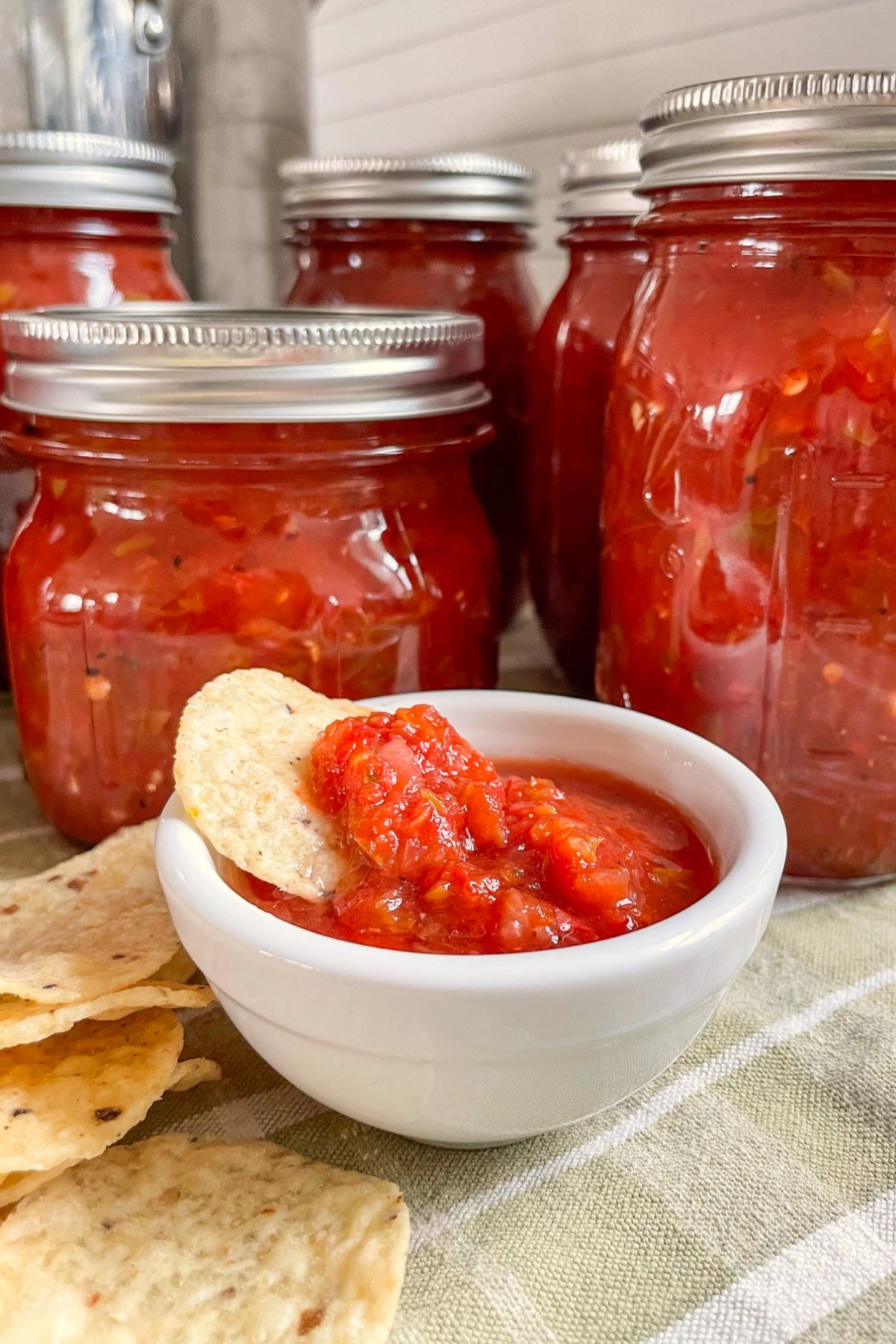 jars of canned salsa with a bowl of salsa and chips