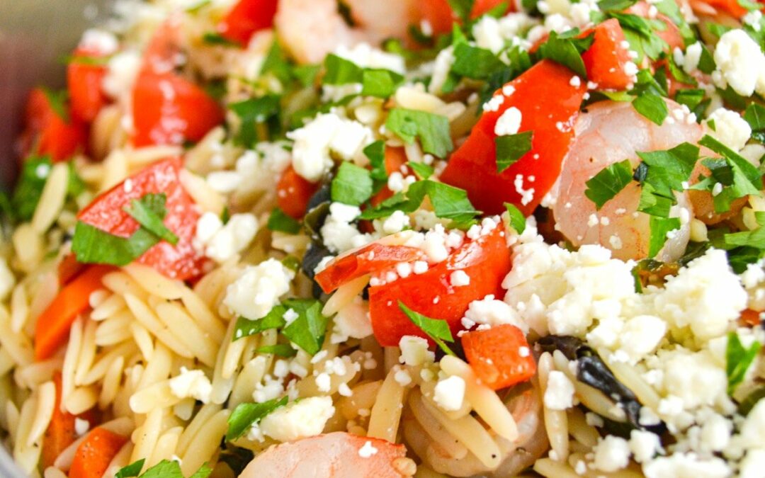 30 Minute Shrimp Orzo with Feta and Vegetables